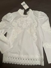 NUEVO CON ETIQUETAS XS Blusa Zara Combinada Popelina Algodón Top Manga Abullonada Crochet Encaje Cuello Simulado