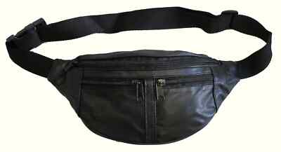 Small 4 Zipper Pocket Soft Lamb Leather Fanny Pack 48'' Long Waist Bum Bag -BLACK
