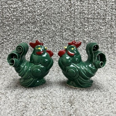 Vintage Rooster Salt Pepper Shakers Curled Tails Ceramic Farmhouse MCM 50s 60s