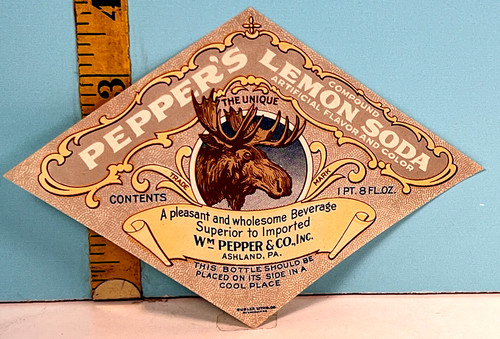 Vintage Pepper's Lemon Soda Moose Label Wm. Pepper & Co. Ashland, PA