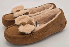 Ugg Australia Ansley Fur Bow Moccasin Chestnut Brown Slippers Size 7 VGC