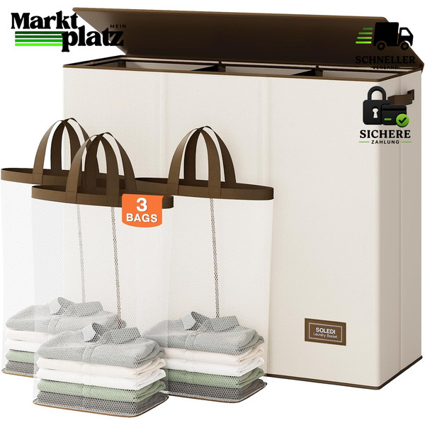 WäSchekorb 180L WäSchesammler 3 FäCher Mit Deckel 3 WäSchesäCke 3 X 60L-image