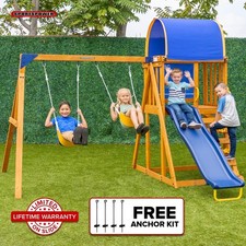 Wooden Swing Set Outdoor Slide Playhouse Sandbox Durable Covered Deck Ages 3