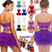 UK Women Girls Latin Dance Unitard Feather Tutu Skirt Leotard Lyrical Dancewear