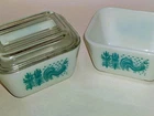 PAIR vtg Pyrex Amish Butterprint refrigerator dishes 501 Turquoise EUC