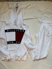 Tommy Hilfiger Mens Sweatsuit White Colorblock Logo Hoodie Pants RARE XS