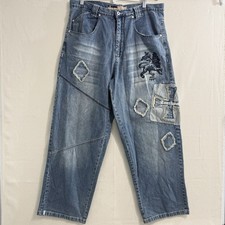 Southpole Y2K Baggy Jeans Embroidered Lion Patchwork Denim Mens Size 38x30