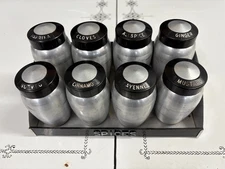 Vintage 1950’s Kromex Spun Aluminum Spice Set In Rack With Sifting Caps And Lids