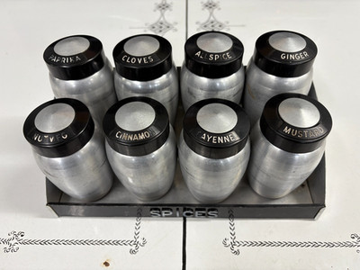 Vintage 1950 s Kromex Spun Aluminum Spice Set In Rack With Sifting Caps And Lids