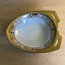 Antique RS Germany Handled Dish Art Deco Gold Trim Pink Border Porcelain Bowl