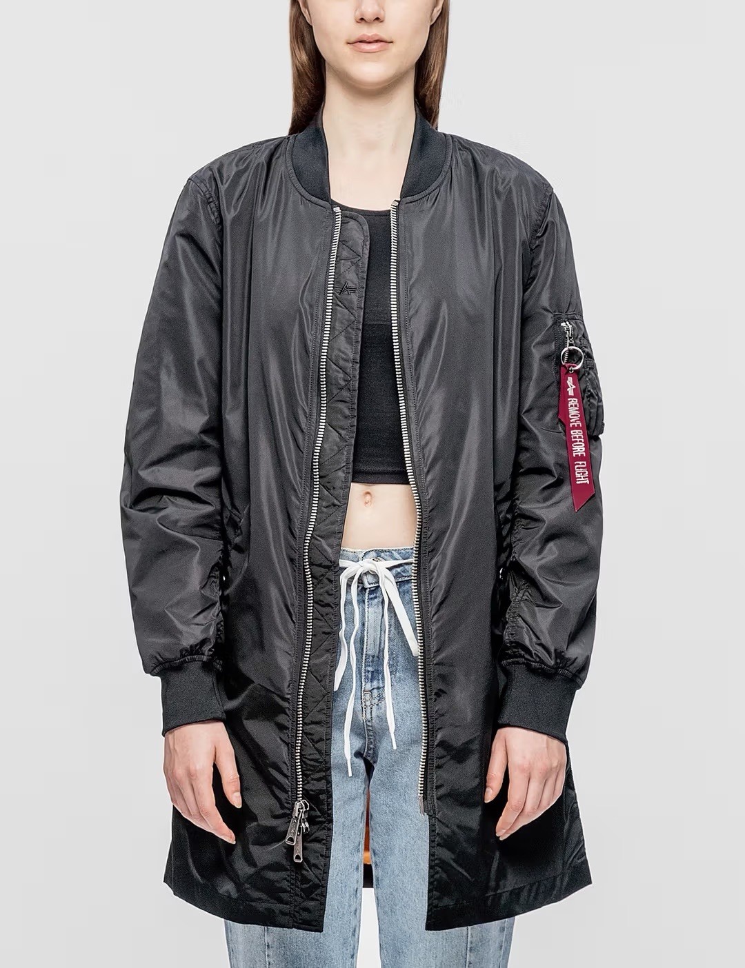 NWOT Alpha Industries W MA-1 Long BOMBER JACKET Mens XS Black Nylon Black Jacket