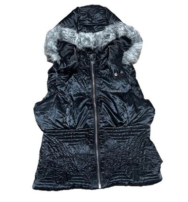 Bebe Women's Black and Grey Puffer Fur Hood size Medium Vest