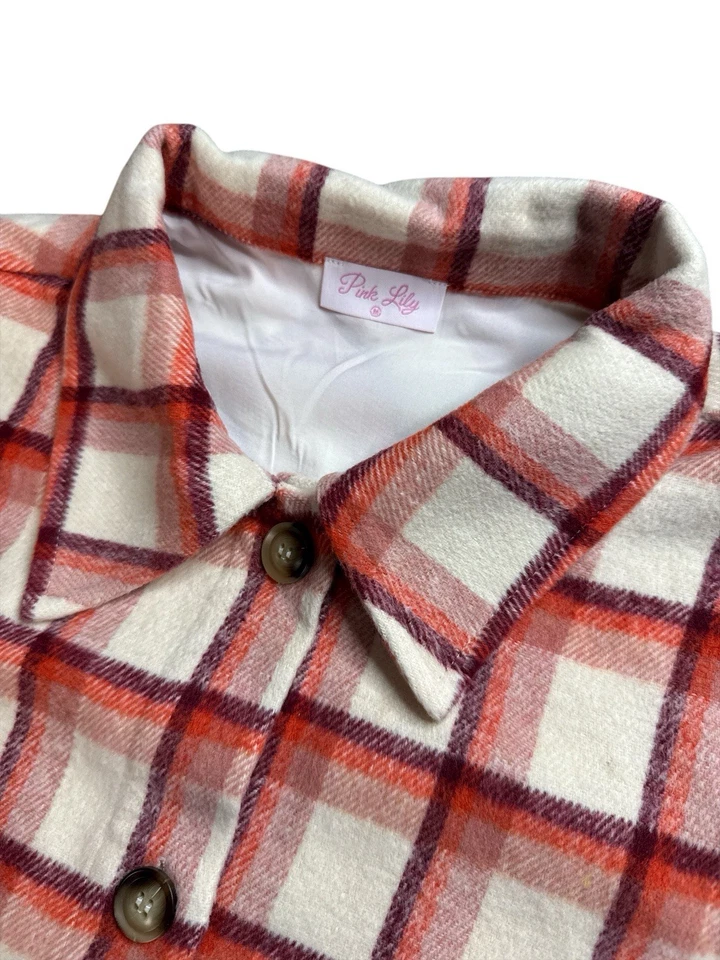Pink Lily Plaid Flannel Shacket Jacket Cream Burgundy Plaid Button Front Lined M - Image 2 of 4