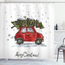 Ambesonne Christmas Shower Curtain, Retro Style Car Xmas Tree Vintage Family Ill