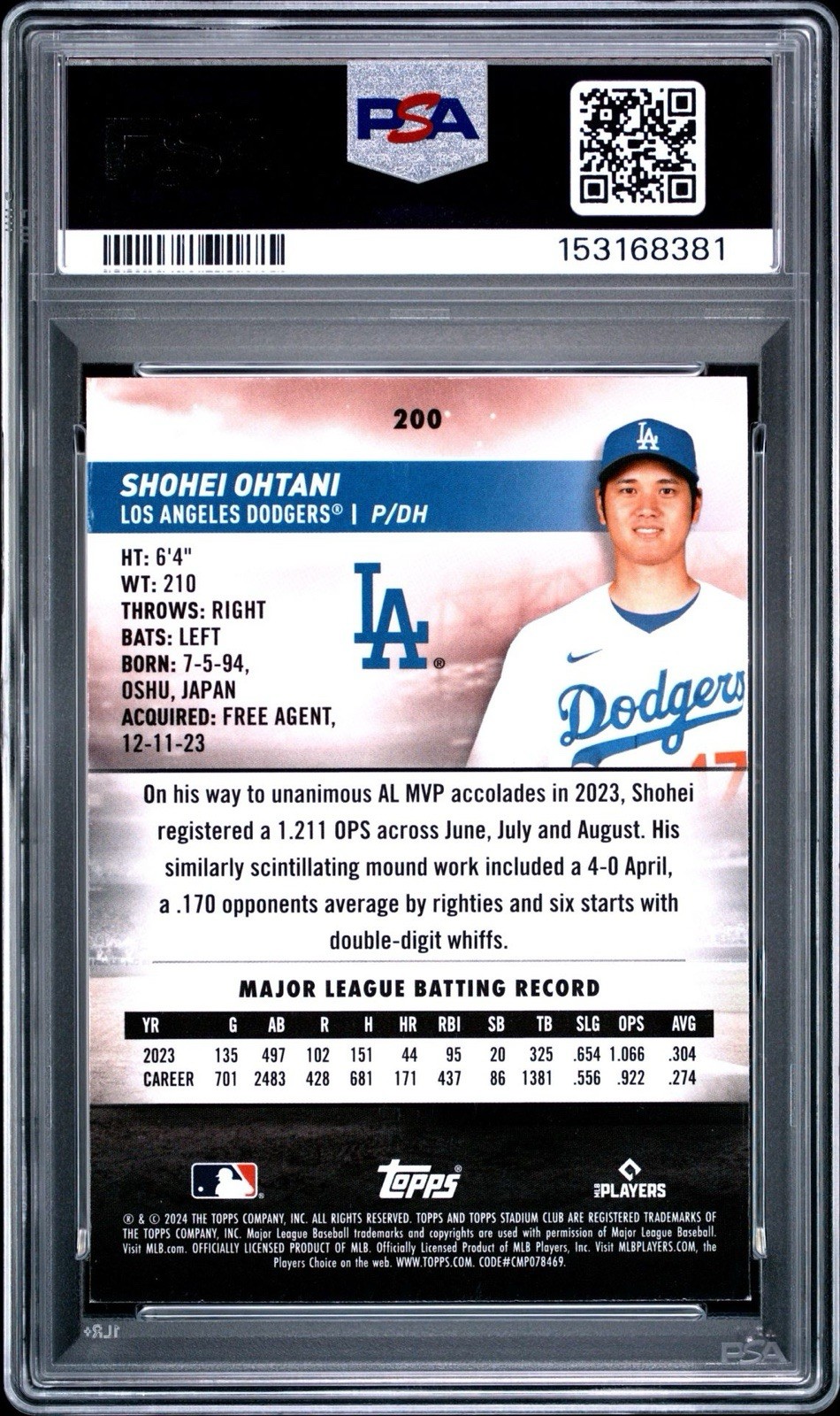 2024 Topps Stadium Club #200 Shohei Ohtani Chrome PSA 8 view 2