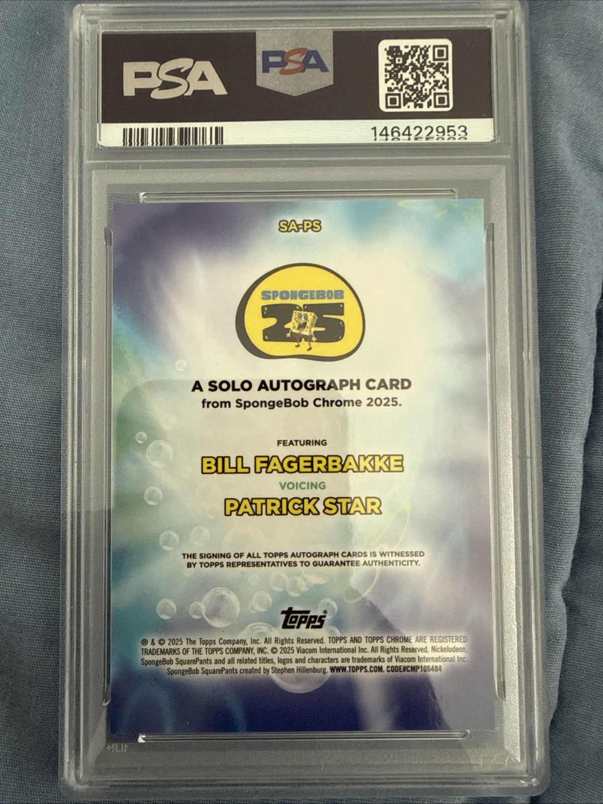 2025 SpongeBob Sapphire Patrick Star/Bill Fagerbakke Solo Auto PSA 10/ 10 Pop 2! view 2