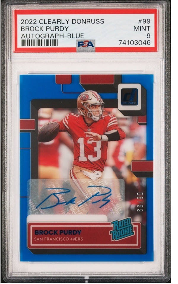 2022 Clearly Donruss #99 Brock Purdy Signed Rookie Blue Auto /99 PSA 9 Mint Rc