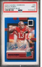2022 Clearly Donruss #99 Brock Purdy Signed Rookie Blue Auto /99 PSA 9 Mint Rc
