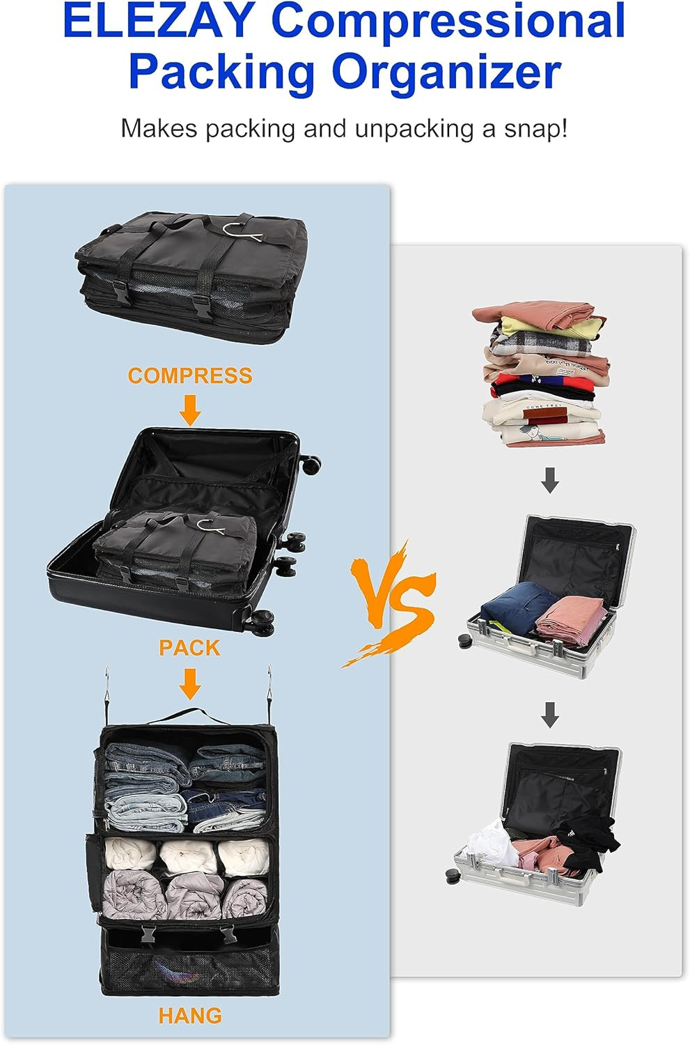 Hanging Packing Cubes Portable Closet 3-Shelf Travel Collapsible Compression Gar