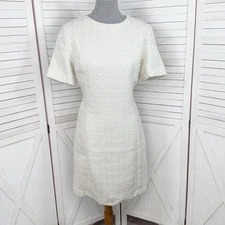 H&M Dress Women Medium Ivory White Boulce Tweed Short Sleeve Sheath Shimmer