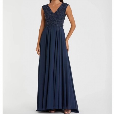 New Navy Blue Beaded Appliqued Maxi Formal Mother of the Bride Gown