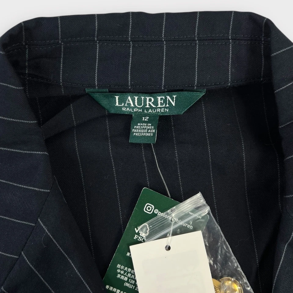 Macacão LAUREN Ralph Lauren azul marinho listra de giz manga longa com cinto tamanho 12 NOVO - Imagem 4 de 4