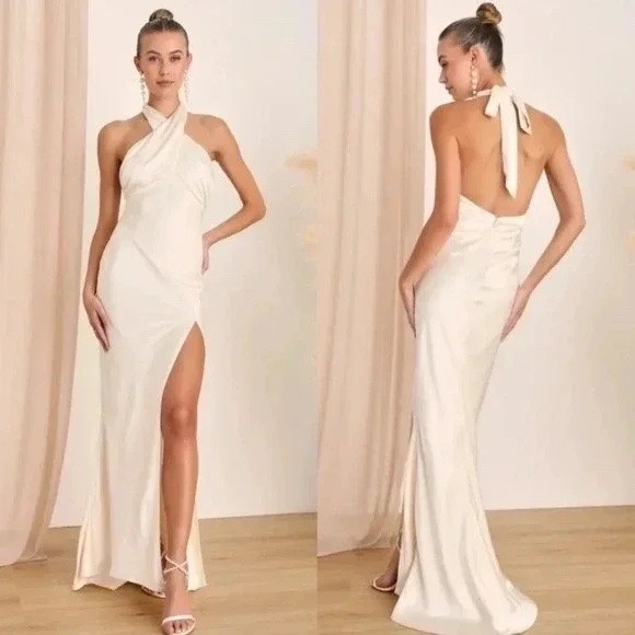 Lulus Ivory Halter Maxi Dress Formal Gown Sleeveless Evening Party Size M