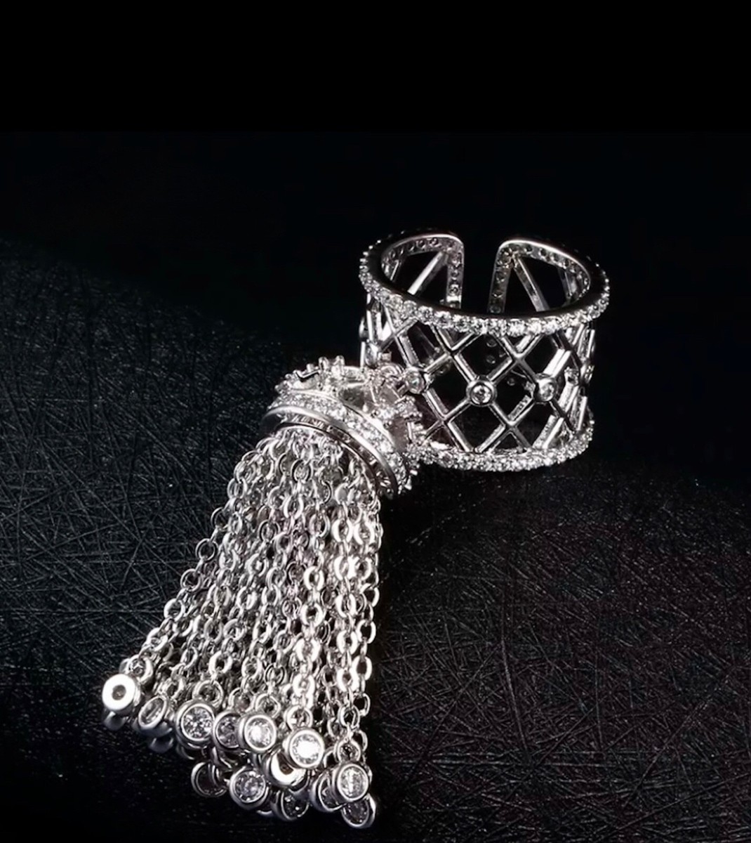 14k Platinum Plated Haute Couture Fringe Tassel Ring made w