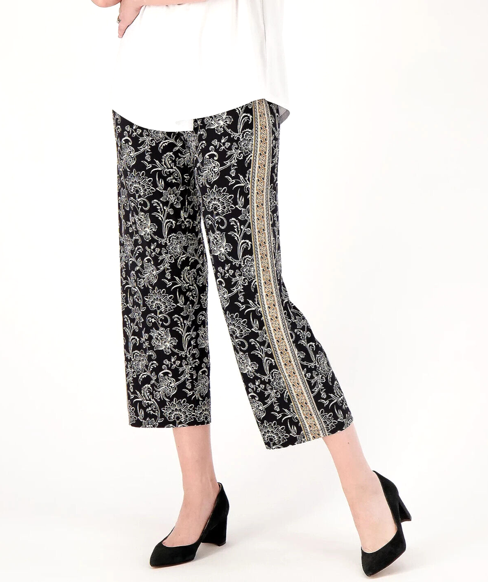 Susan Graver Printed Liquid Knit Wide Leg Crop Pants- BLACK TAUPE, PETITE  XS | eBay