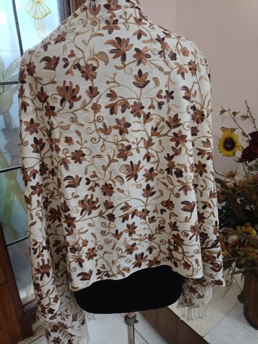 KASHMIRI CREWEL EMBROIDERED SHAWL 100% CASHMERE OFF-WHITE PASHMINA SCARF 30x76in - Picture 5 of 6