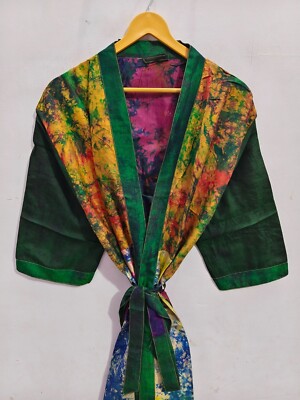 Silk Tie Dye Kimono Luxury Woman's Gown Multi Colored Robe Recycled Gown, T-743