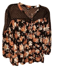 a.n.a. A New Approach Size XL Black Floral Long Sleeve Rayon Women's Top