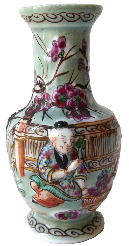 Vase ancien Porcelaine BAYEUX PARIS ? céladon personnage chinois  style Canton - Photo 2/4