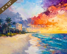 Miami Beach with colorful sky oil painting 8x10 Print