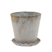 Distressed Zinc Metal Planter with Pleated Saucer