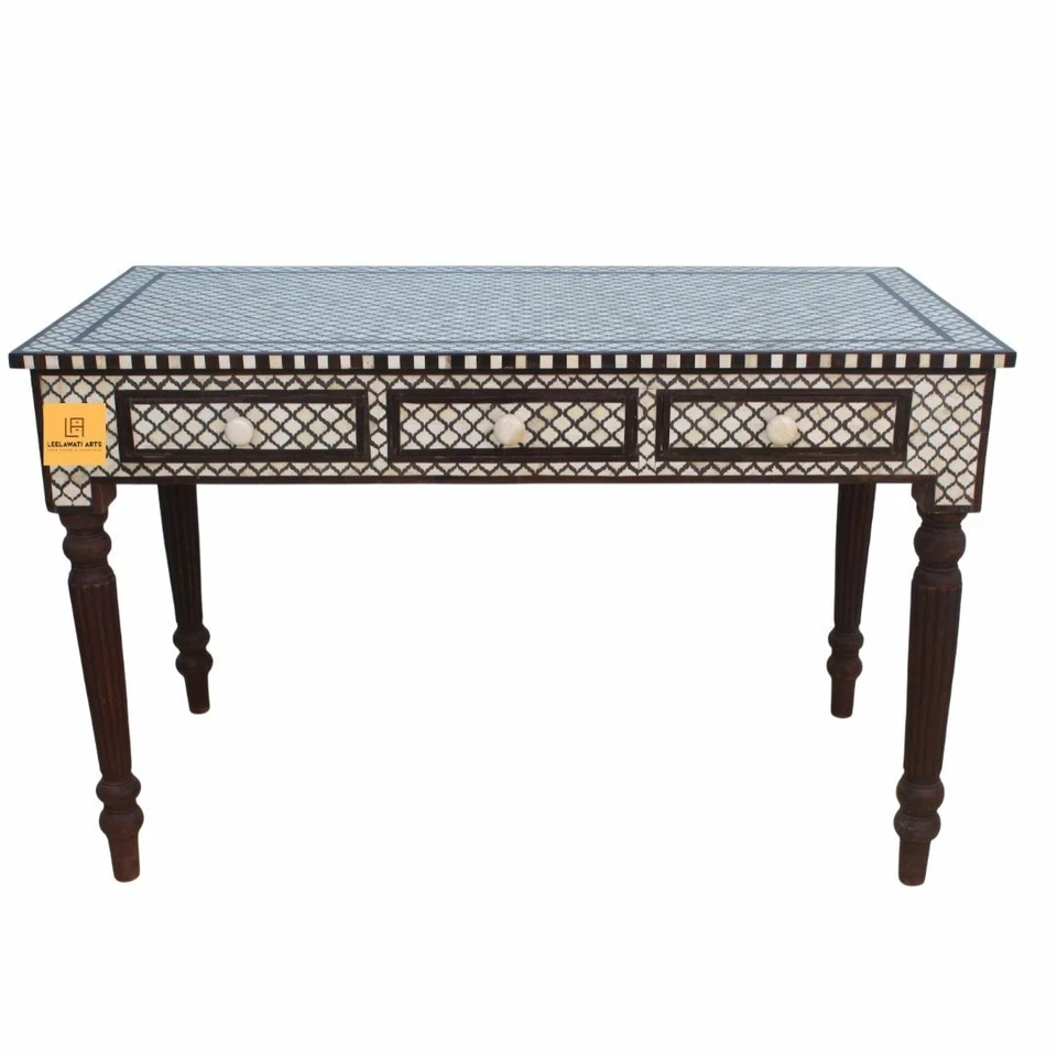 HOME DECORATIVE BONE INLAY MUGHAL DESIGN 3 DRAWER STUDY AND SIDE TABLE  - Image 3 of 4