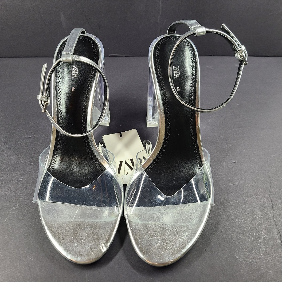 Zara Silver Clear Vinyl Block Heel Open Toe Ankle Strap Zara Silver Clear Vinyl Block Heel Open Toe Ankle Strap