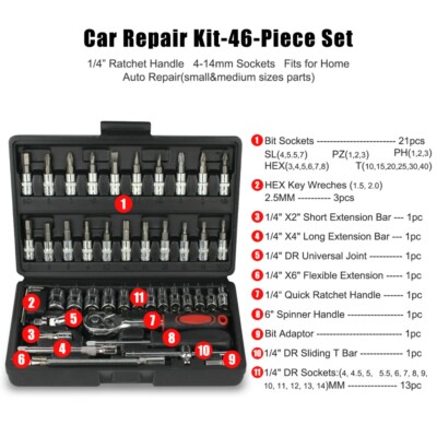 46X Ratchet Wrench Socket Set Spanner Tool Kit Metric / SAE 1/4