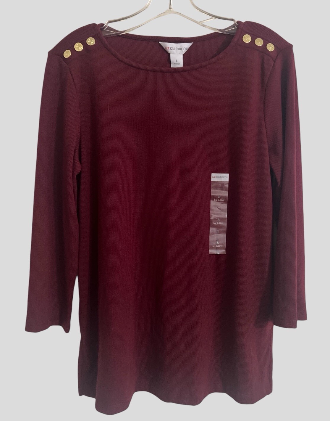 Liz Claiborne Shirt Women’s Small Burgundy Top 3/4 Sleeve Button Shoulder NWT
