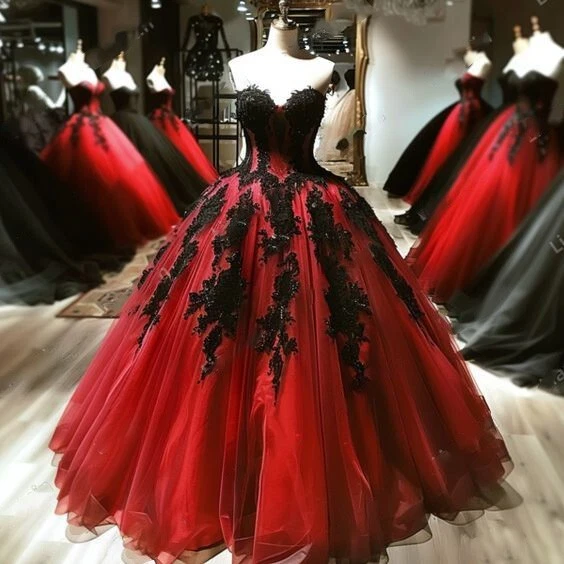 Gothic Black Red Wedding Dresses Lace Appliques Ruffles A Line Bridal Gowns - Image 2 of 4