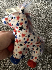 TY Lefty the Donkey beanie baby 2004 Plush Bean Bag Toy Red White Blue USA Flag