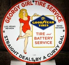 GOODYEAR TIRES GEORGY GIRL SERVICE PORCELAIN COLLECTIBLE, RUSTIC, ADVERTISING 