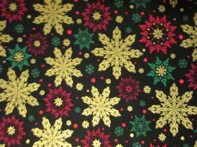 SNOWFLAKES METALLIC SNOW FLAKE METALLIC GOLD GREEN RED WOW COTTON FABRIC FQ 
