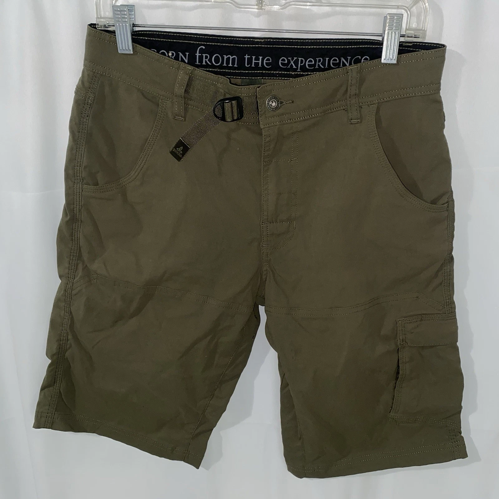 PrAna Stretch Zion Hiking Cargo Shorts Mens 30 Green 10" Inseam Outdoor Belt