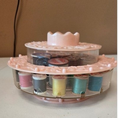 Vintage 1950s Pink Sewing Carousel Lazy Susan Thread Spool Caddy Floral MCM