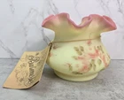 Fenton Burmese Hand Painted UV Yellow Pink Uranium Signed Roses Ruffled Vase