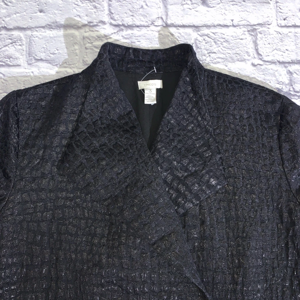 Chaqueta Jacquard Chicos Para Mujer 3 EE. UU. 16 Negra Metálica Texturizada Frente Abierto Topper Foto 3 de 4