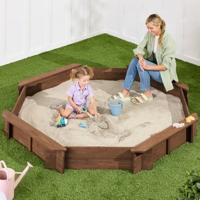 Kids Octagon Sandbox Walnut Finish Outdoor Backyard Play Box