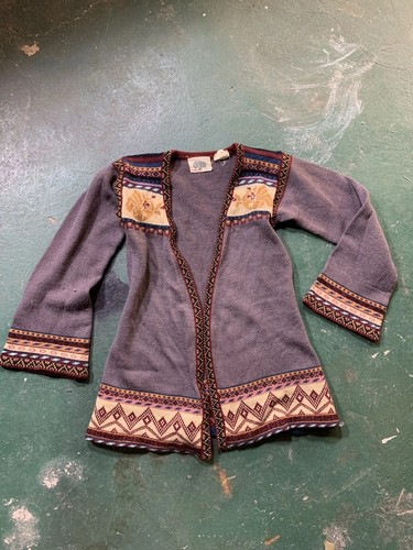Vintage 1970s Sweaters By Arpeja Handmade Knit Multicolor Patterned Cardigan