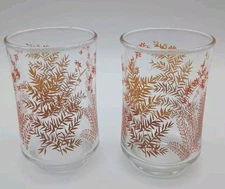 VTG Libbey Juice Glass 3.75" Embossed Orange Brown Fern Leaves Set Of 2